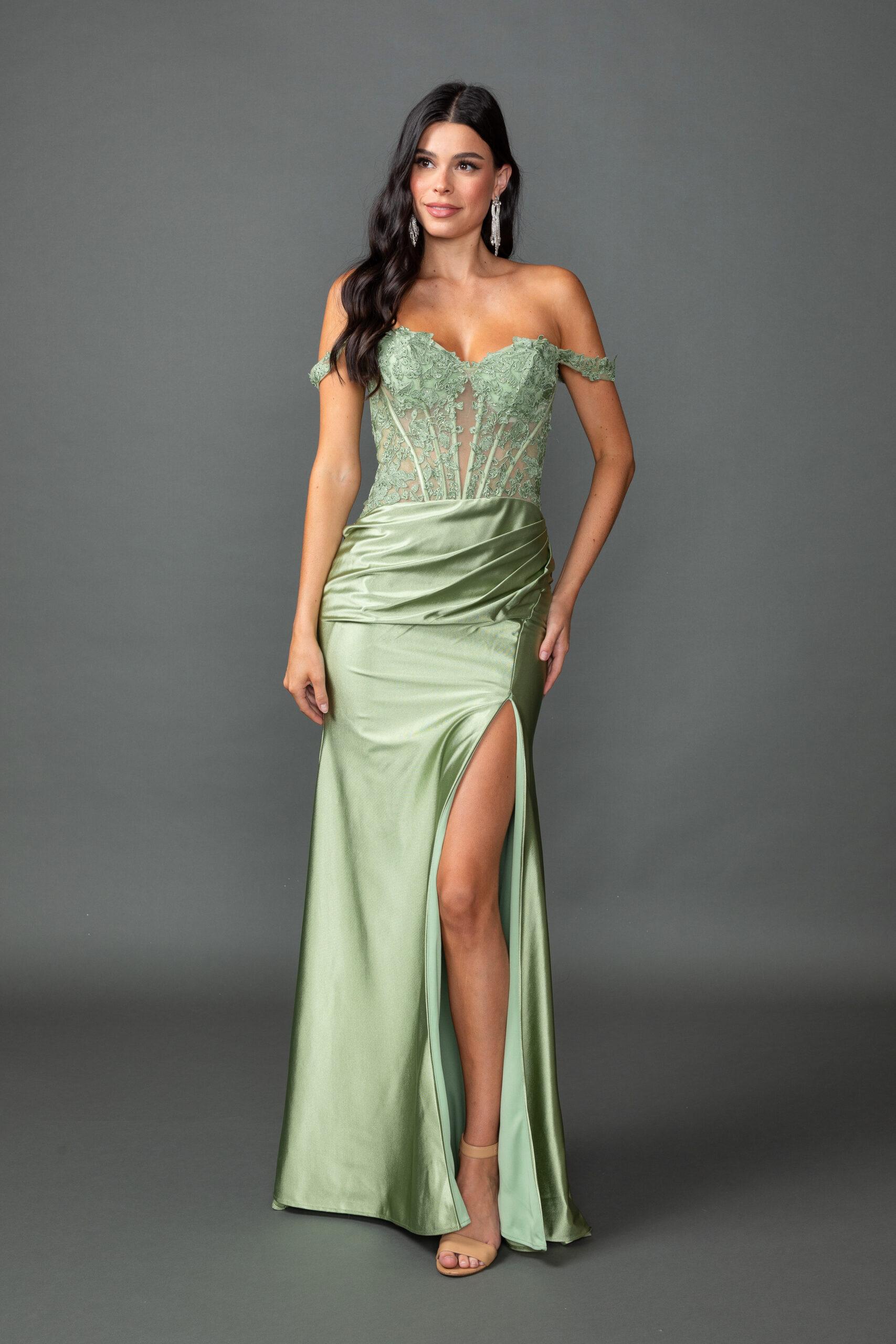Off-the-Shoulder Satin Prom Dress with Lace Corset Bodice and Ruched Side Slit Skirt - Style 4536 image