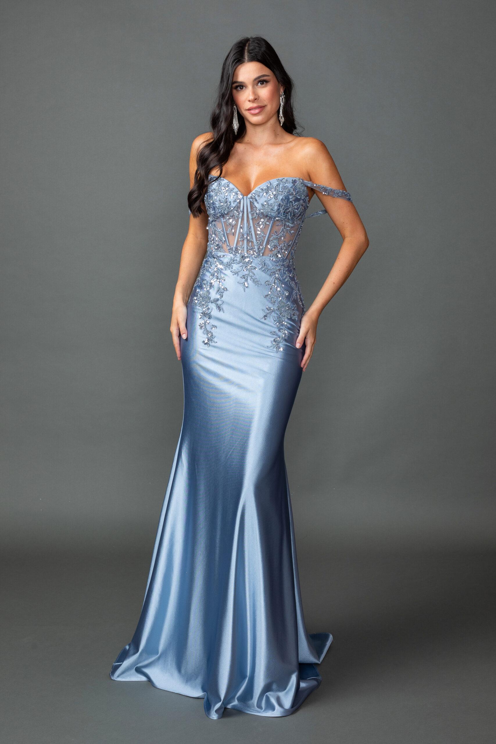 Off-the-Shoulder Satin Prom Dress with Beaded Corset Bodice and Fitted Mermaid Silhouette - Style 4540 image