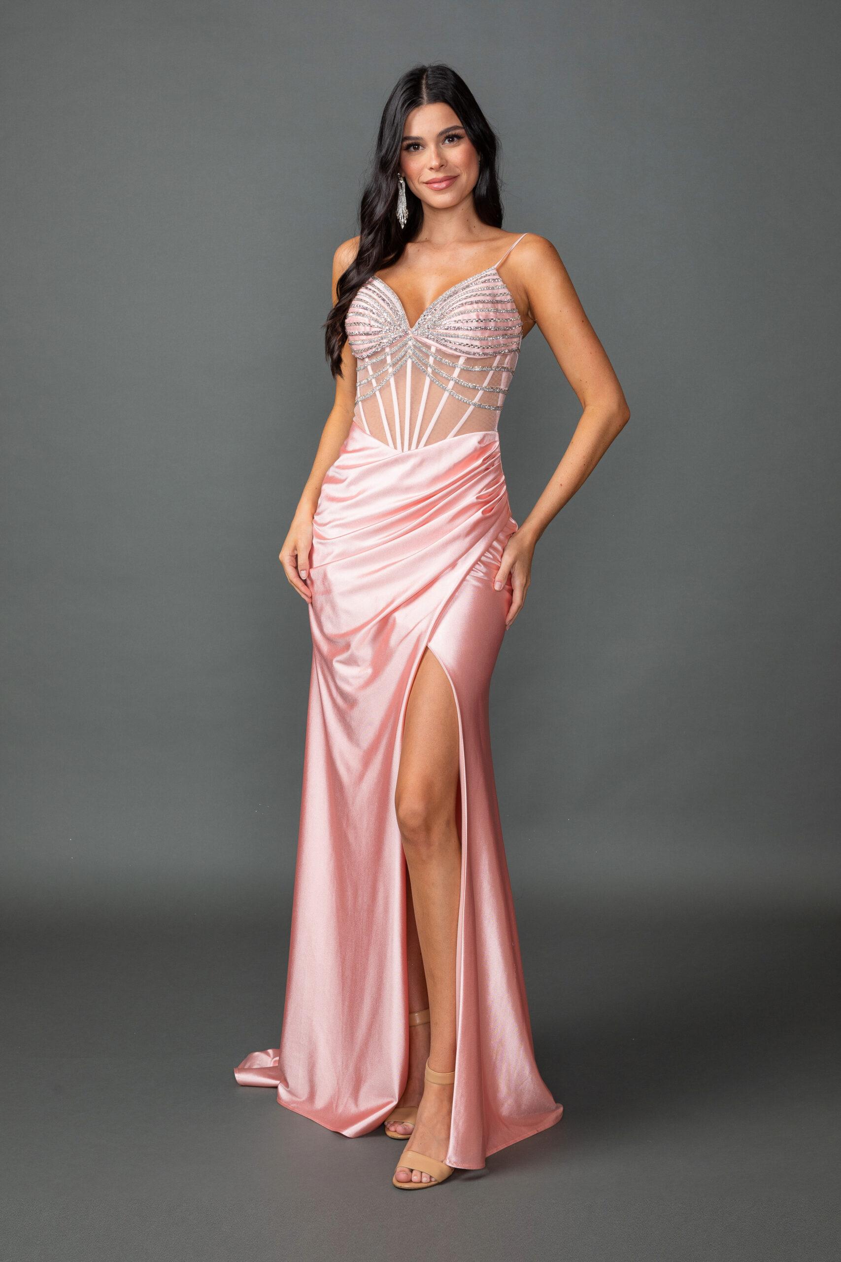 Beaded Satin Prom Dress with Sheer Corset Bodice, Spaghetti Straps, and Ruched Side Slit Skirt - Style 4541 image