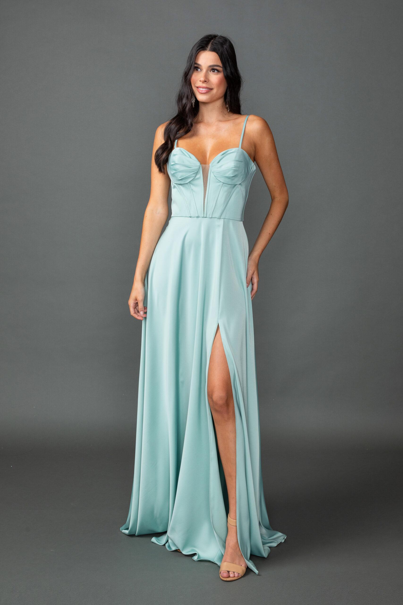 Off-the-Shoulder Satin Prom Dress with Sweetheart Neckline, Spaghetti Straps, and Front Slit Skirt - Style 4544 image
