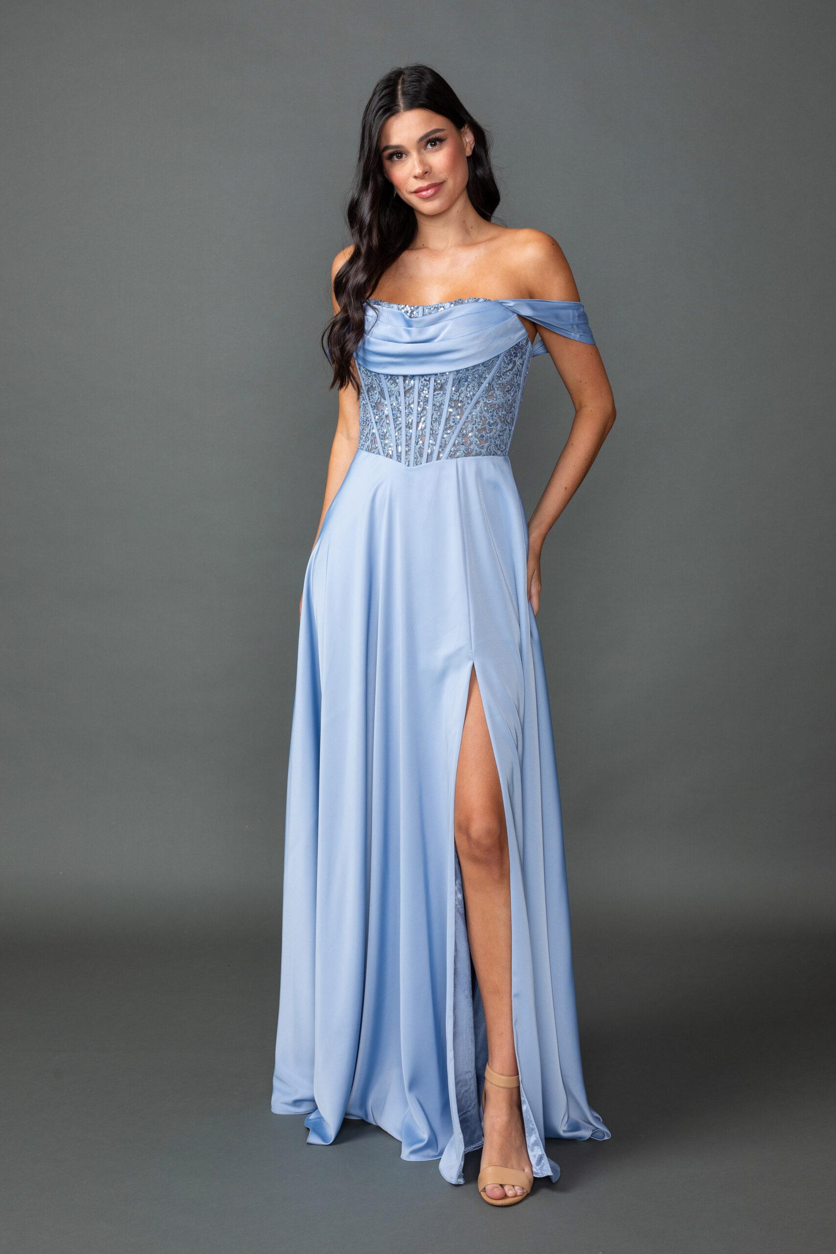 Off-the-Shoulder Satin Prom Dress with Draped Cowl Neckline, Sheer Beaded Corset Bodice, and High Slit Skirt - Style 4546A image