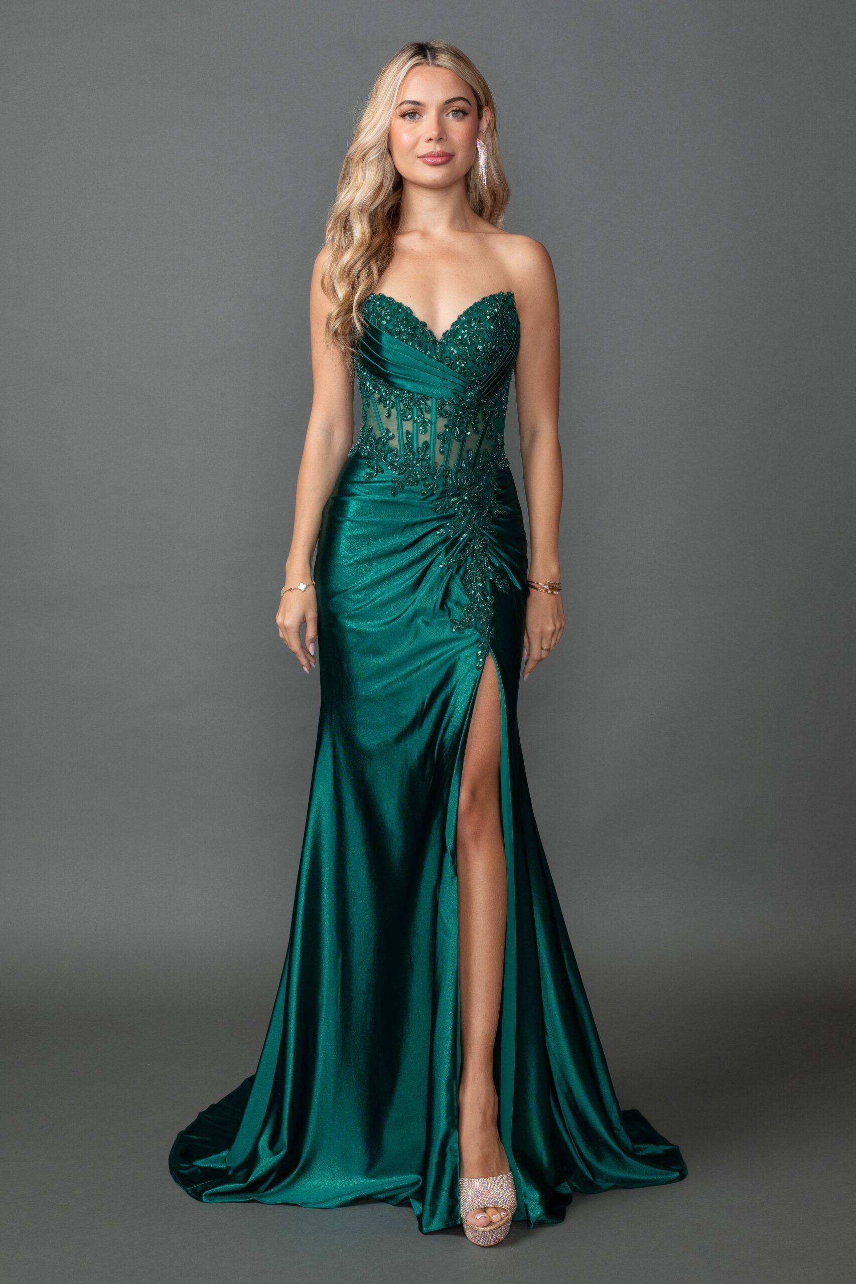 Strapless Satin Prom Dress with Embroidered Corset Bodice and Ruched Side Slit Skirt - Style 4560