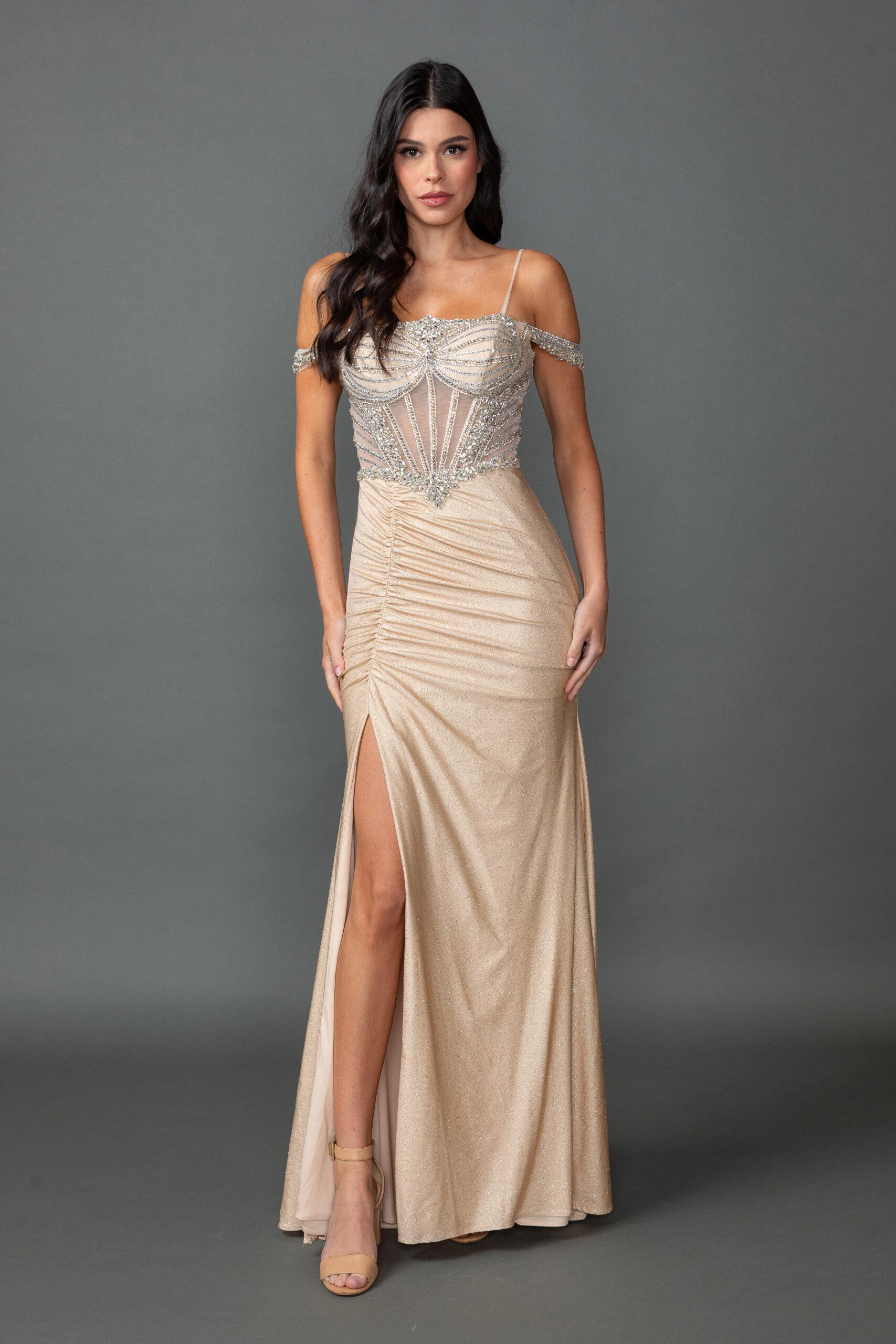 Sweetheart Off-Shoulder Illusion Corset Prom Dress with Beaded Bodice, Ruched Skirt, and High Slit - Style 4565 image