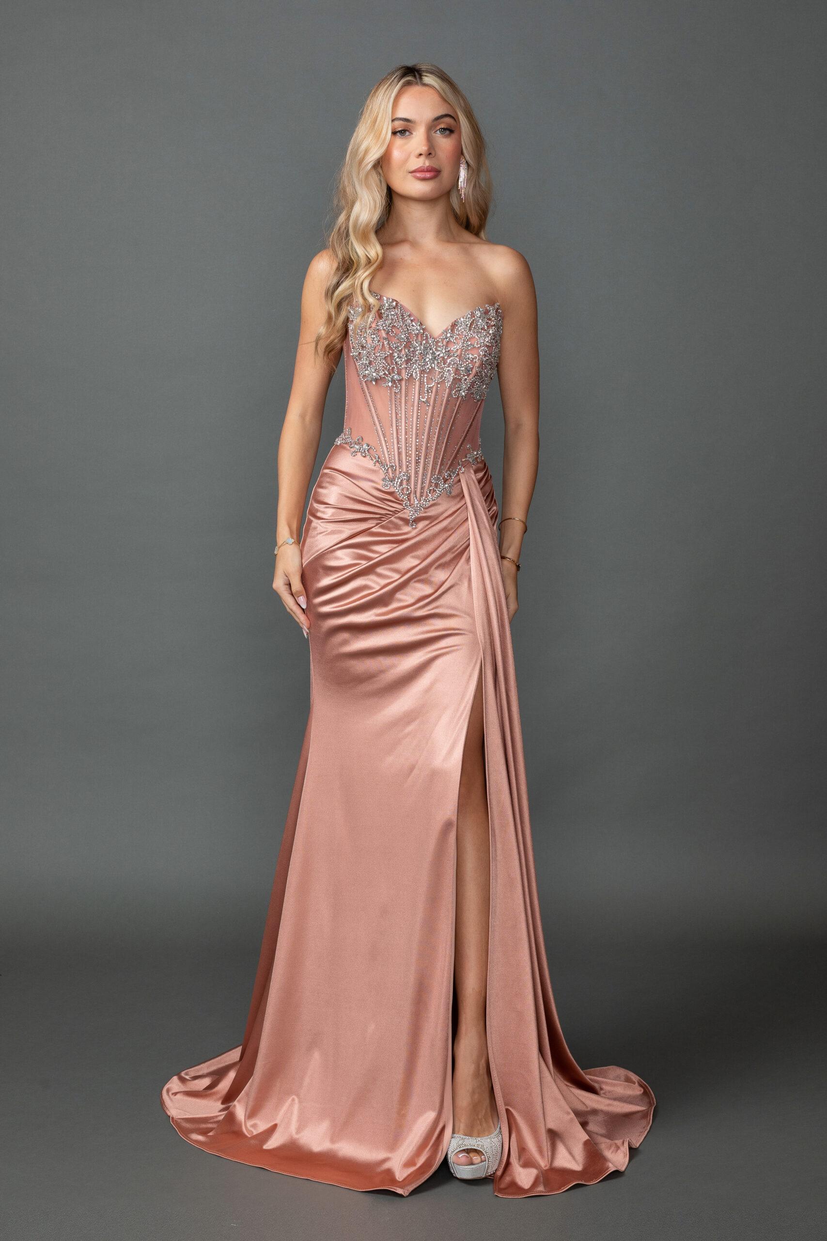 Sweetheart Strapless Embellished Corset Satin Fitted Prom Dress with High Slit - Style 4570