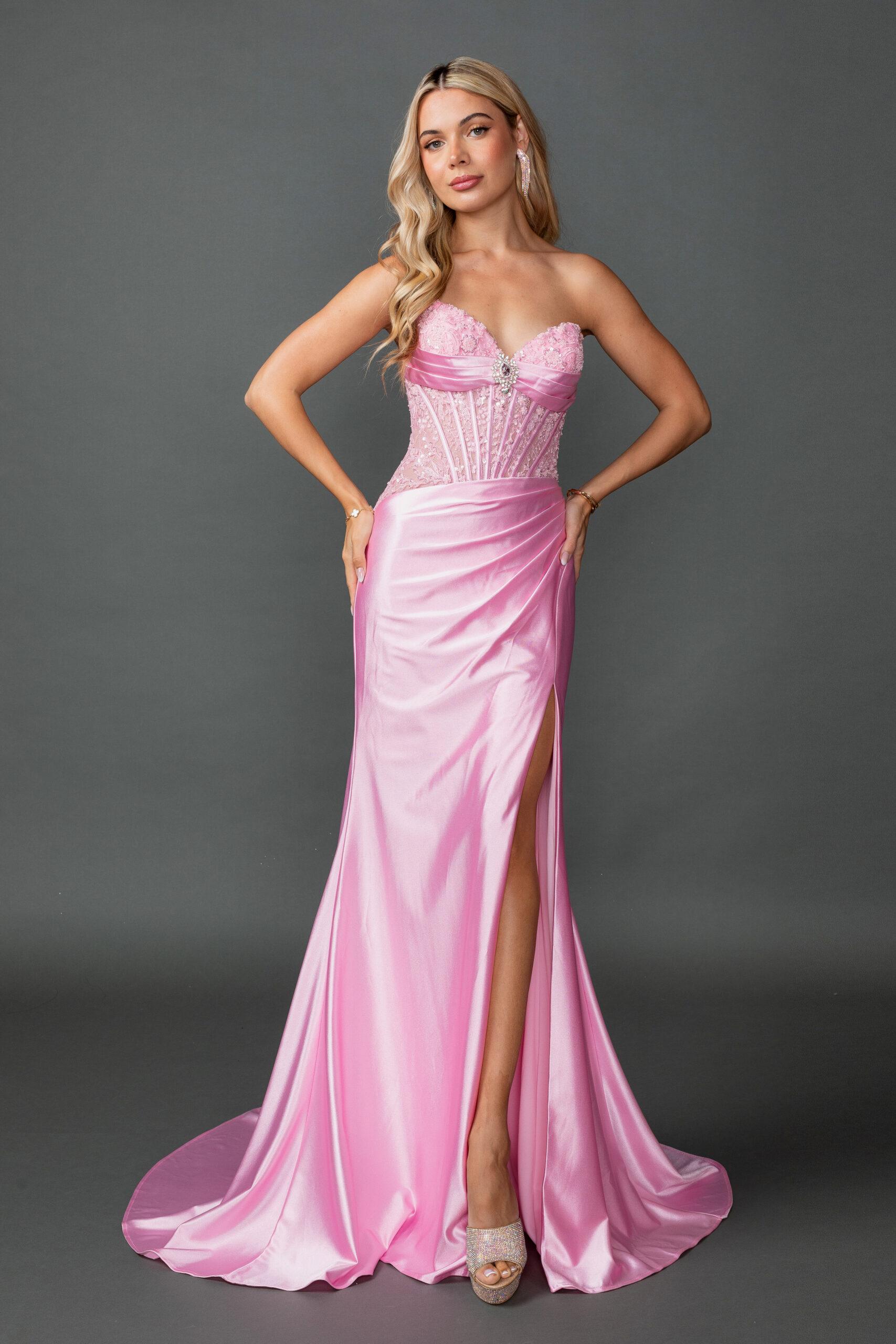 Strapless Satin Prom Dress with Beaded Corset Bodice, Sweetheart Neckline, Ruched Waist, and High Slit Skirt - Style 4587 image
