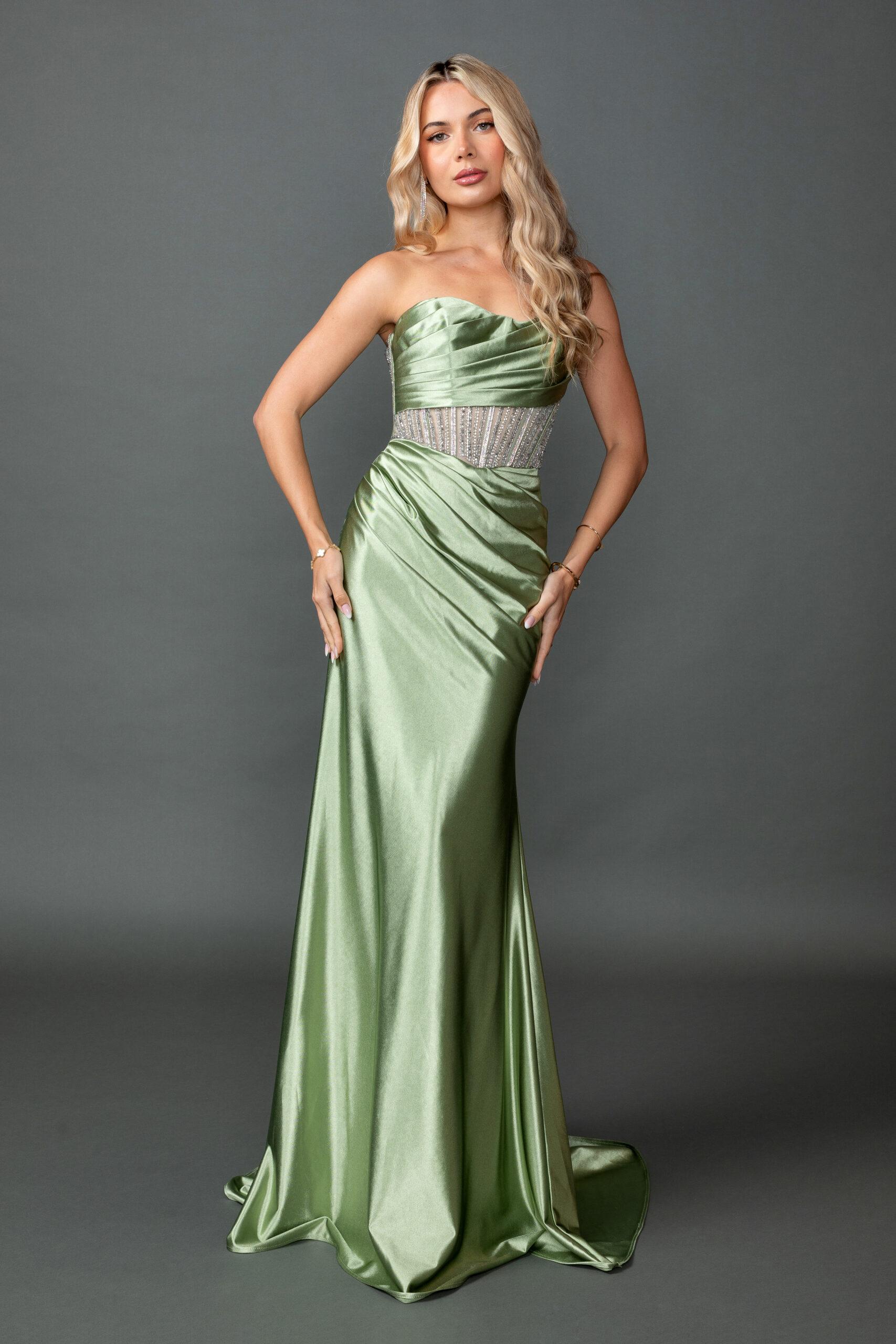 Strapless Straight Neck Satin Draped Gown with Beaded Illusion Waist and Floor-Length Skirt Prom Dress - Style 4593