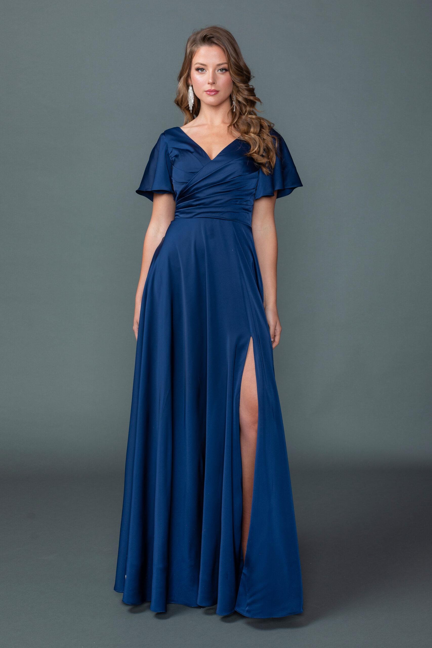 V-Neck Short Sleeve Prom Dress with Ruched Bodice and High Slit A-Line Skirt - Style 4602