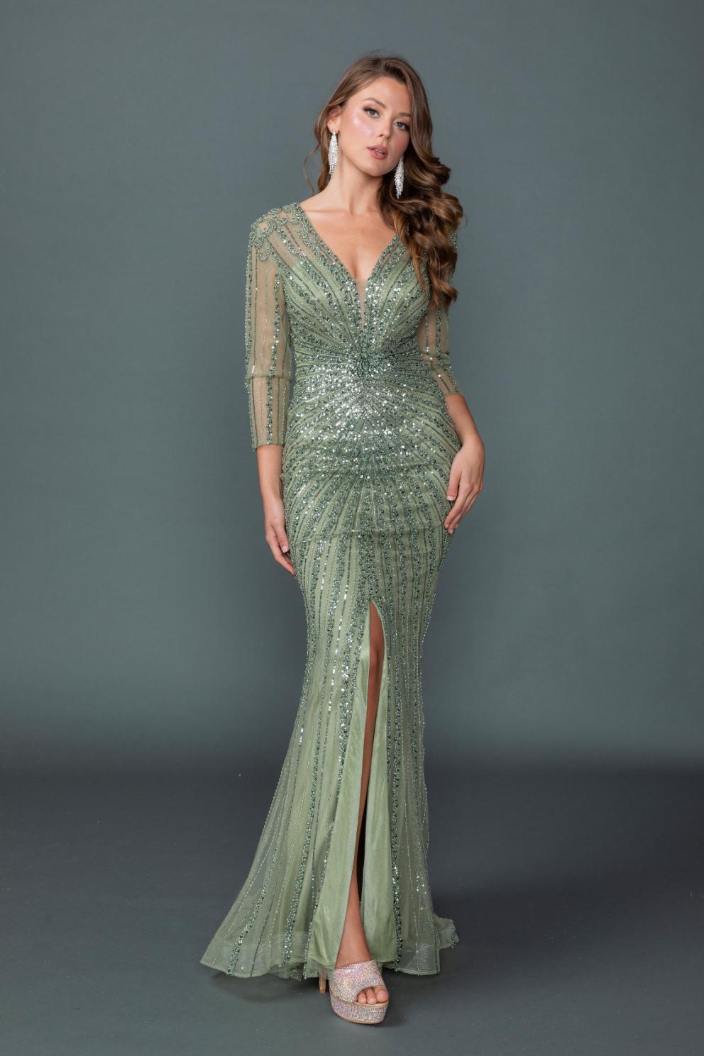 V-Neck Sheer Illusion Sleeve Beaded Embellished Fitted Prom Dress with Front Slit and Floor-Length Silhouette - Style 4612