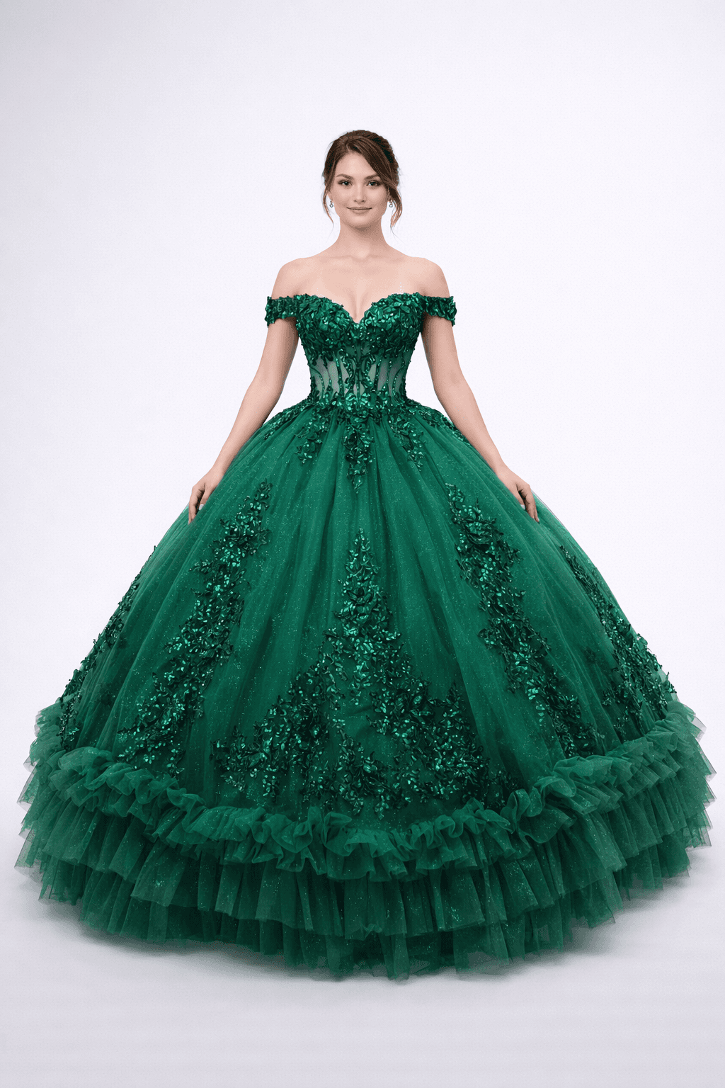 Off-Shoulder Sweetheart Ball Gown Quinceanera Dress with Corset Bodice, 3D Floral Applique, and Tiered Ruffle Tulle Skirt - Style 5175 image