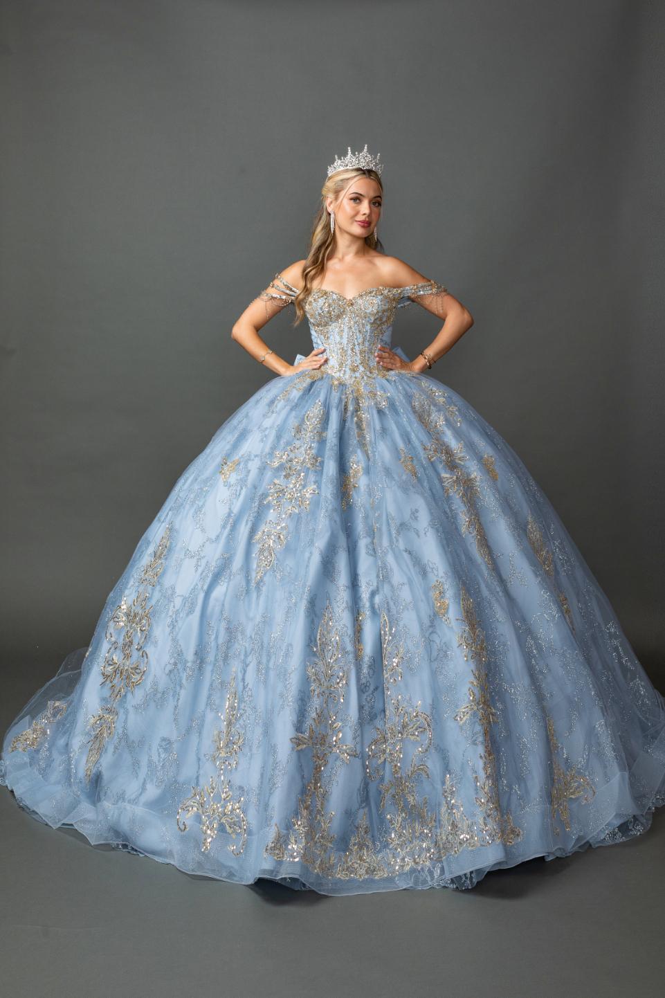 Off-Shoulder Sweetheart Quinceanera Ball Gown with Metallic Embroidery, Beaded Corset Bodice, and Glitter Tulle Skirt - Style 5164 image