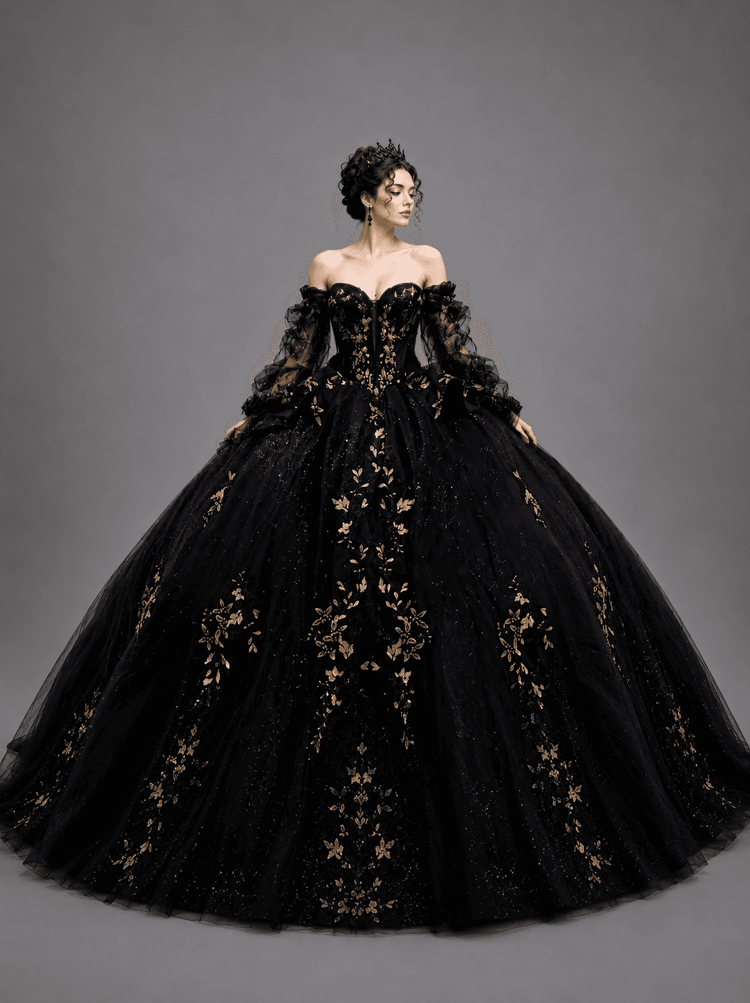 Off-Shoulder Sweetheart Quinceanera Ball Gown with Embroidered Corset Bodice, Sheer Puff Sleeves, Glitter Tulle Skirt, and Tiered Ruffle Overskirt - Style 5190 image