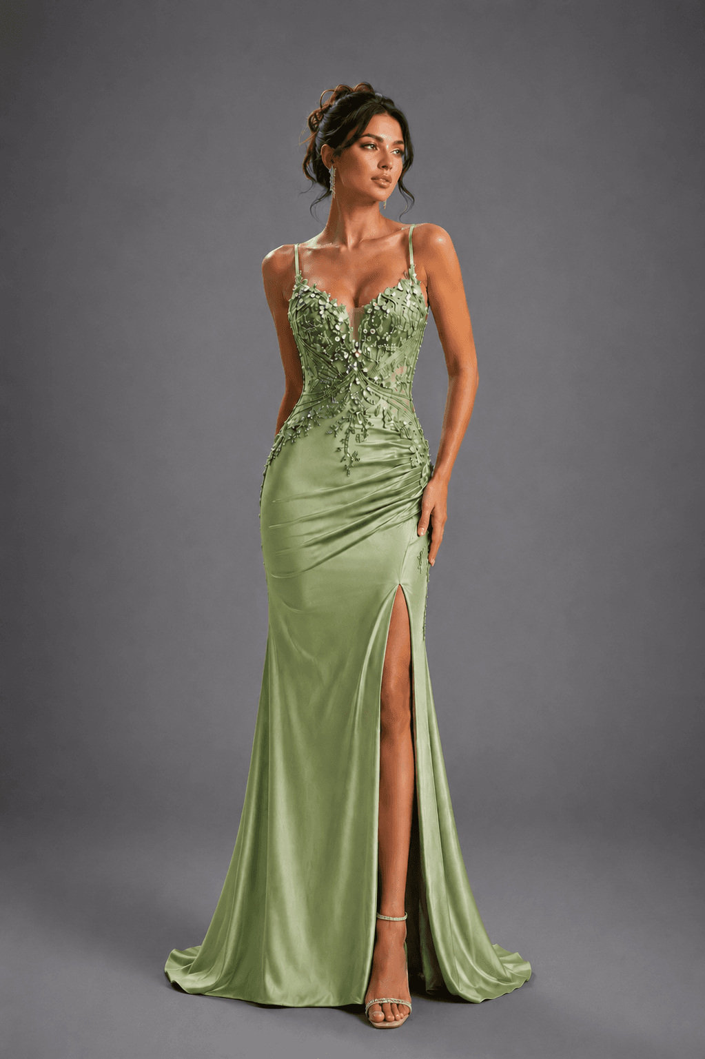Spaghetti Strap Prom Dress with Floral Lace Applique, Illusion Corset Bodice, Ruched Satin Skirt, High Leg Slit, and Fitted Silhouette - Style 4614 image