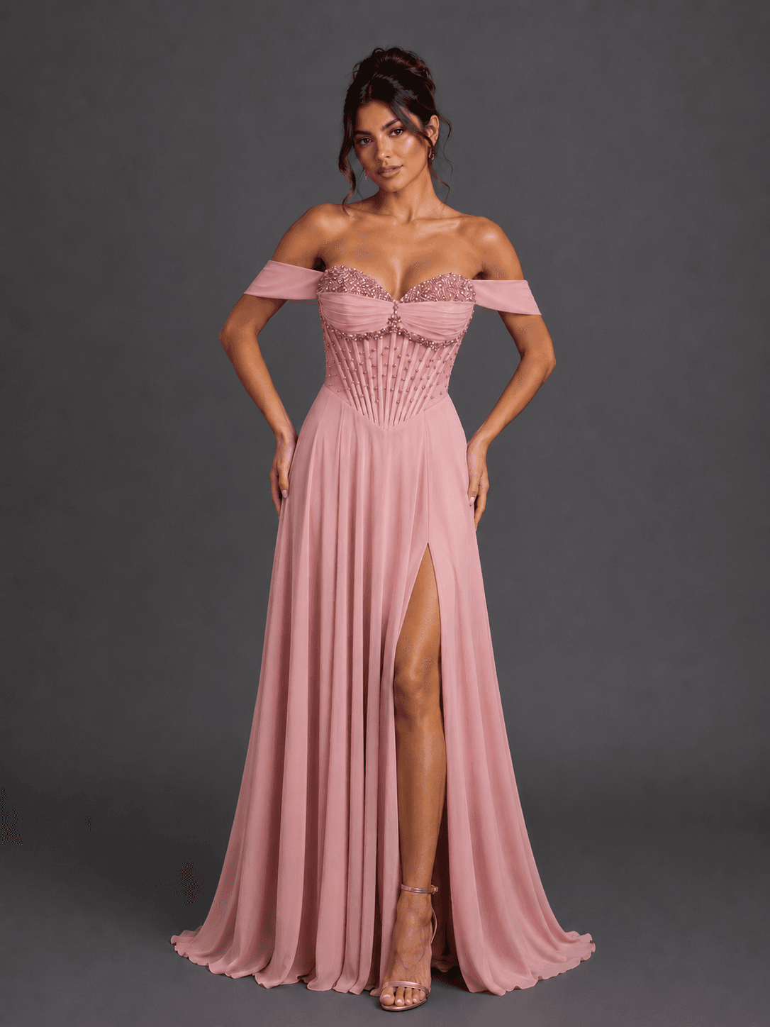 Off-the-Shoulder Prom Dress with Beaded Sweetheart Bodice, Illusion Corset Waist, Flowing Chiffon Skirt, and High Leg Slit - Style 4615 image