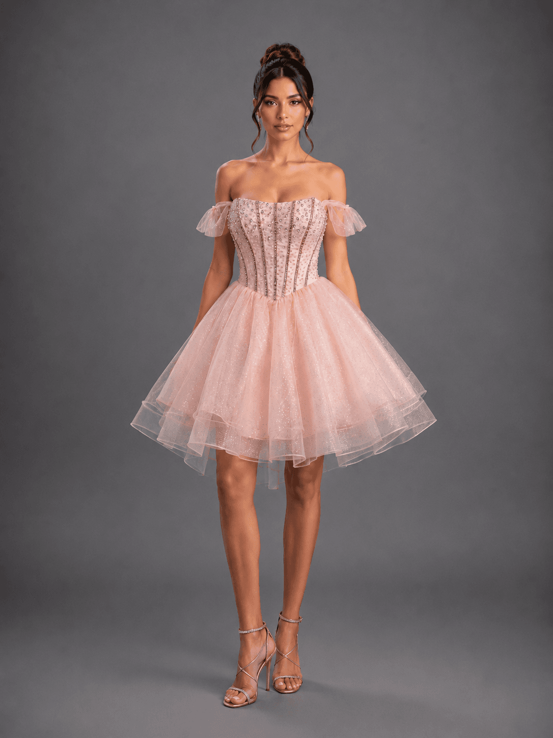 Off-the-Shoulder Homecoming Dress with Beaded Corset Bodice and Layered Glitter Tulle Skirt - Style 3437 image