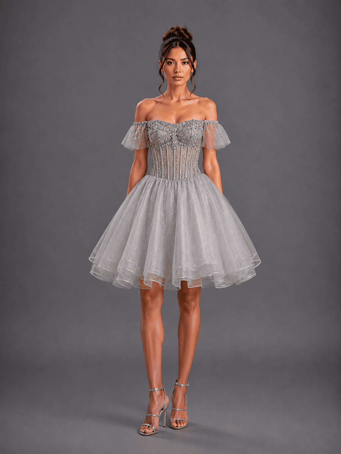 Off-the-Shoulder Homecoming Dress with Embellished Corset Bodice and Layered Tulle A-Line Skirt - Style 3439 image