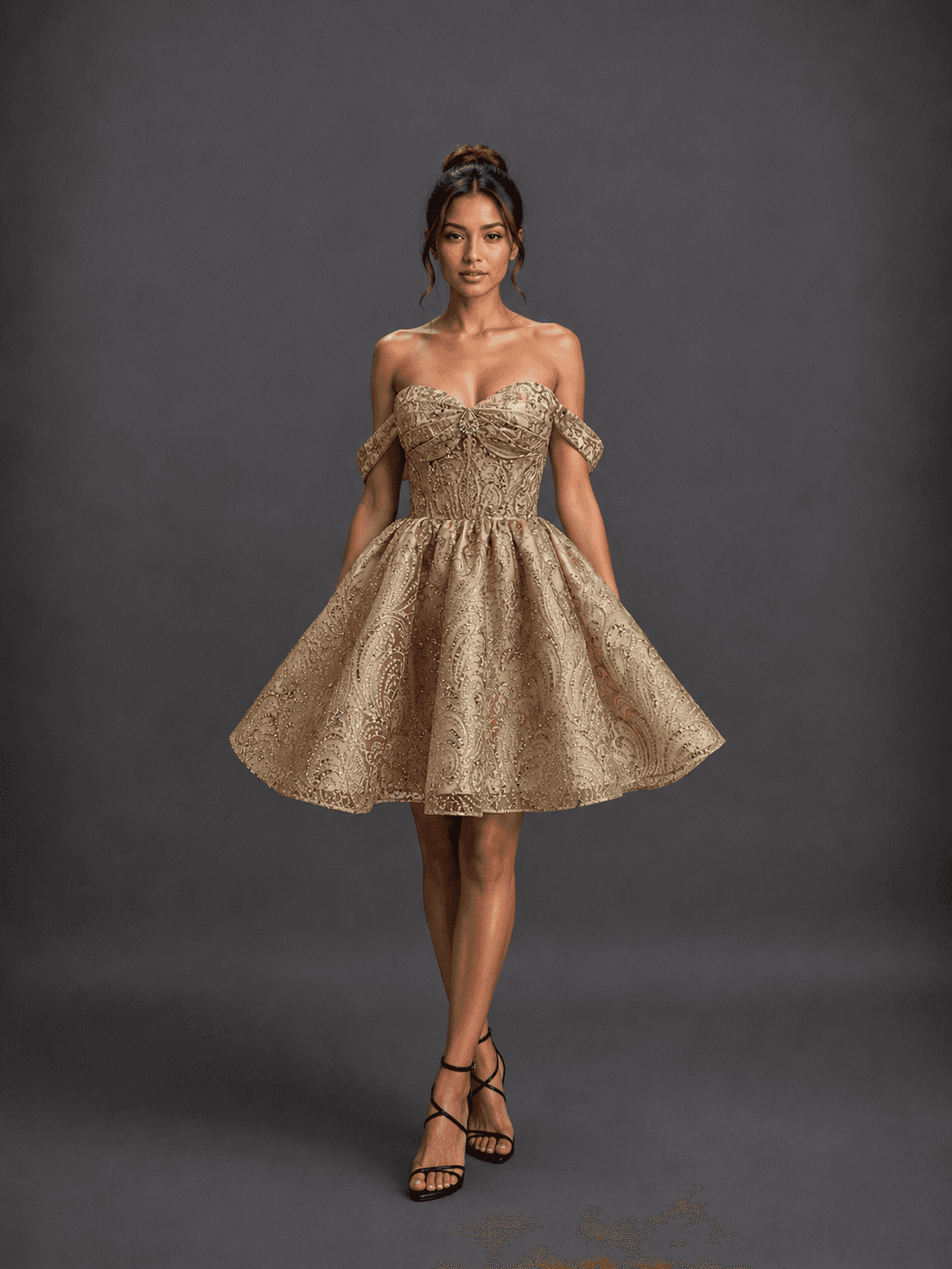 Off-the-Shoulder Sweetheart Homecoming Dress with Embellished Brocade Bodice and Flared A-Line Skirt - Style 3440 image