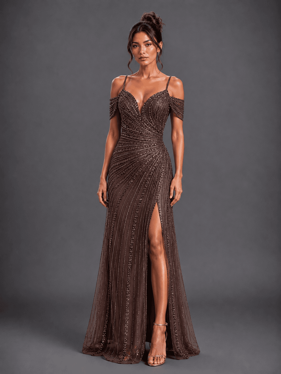 Cold-Shoulder V-Neck Prom Dress with Spaghetti Straps, Beaded Embellishments, Ruched Waist, and High Slit - Style 4616 image