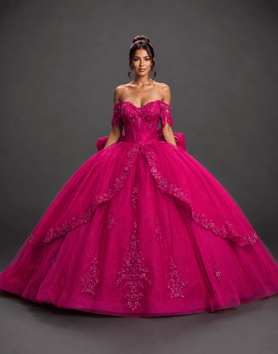 Off-the-Shoulder Quinceanera Ball Gown with Sweetheart Corset Bodice, Tiered Overskirt, Lace Applique, Glitter Tulle, and Statement Back Bow - Style 5172 image
