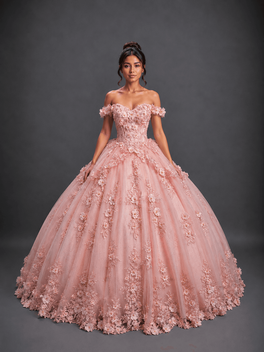 Off-Shoulder 3D Floral Applique Corset Bodice Layered Tulle Ball Gown with Ruffle Sleeves and Full Skirt Quinceanera Dress - Style 5184 image