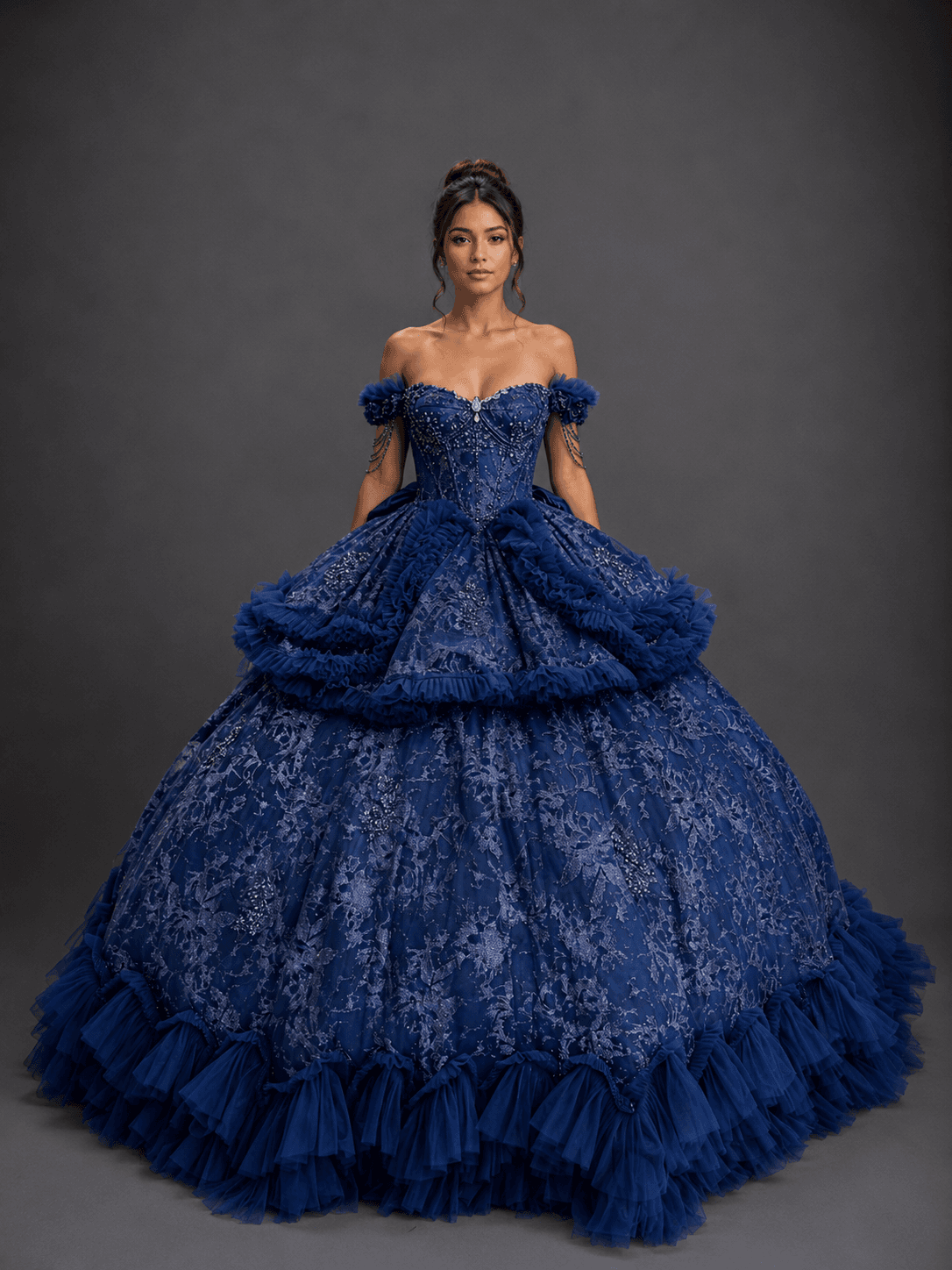 Off-the-Shoulder Two-Piece Quinceanera Dress with Beaded Corset Bodice, Tiered Ruffle Overskirt, Glitter Lace Applique, and Full Ball Gown Skirt - Style 5192 image