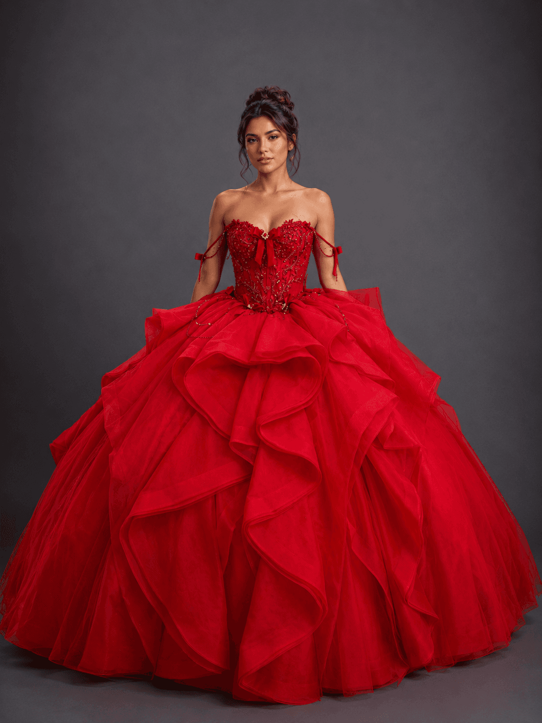 Strapless Sweetheart Quinceanera Dress with Beaded Corset Bodice, Draped Shoulder Accents, and Dramatic Tiered Ruffle Ball Gown Skirt - Style 5197 image