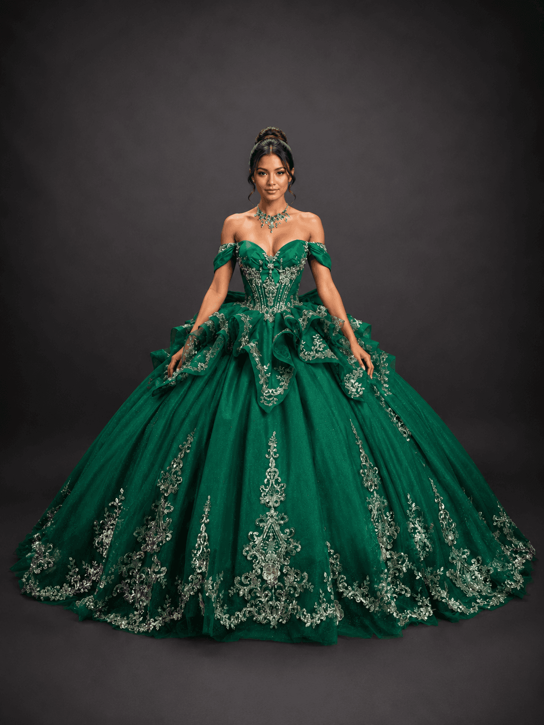 Off-the-Shoulder Sweetheart Quinceanera Dress with Embellished Corset Bodice, Tiered Ruffle Accents, and Ornate Applique Ball Gown Skirt - Style 5198 image