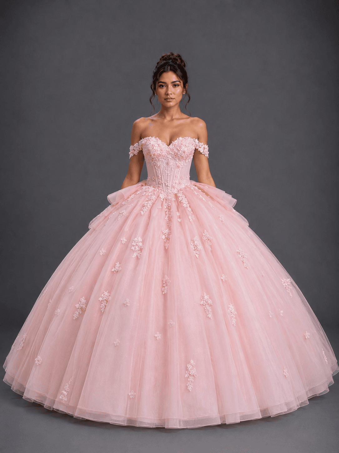 Off-the-Shoulder Sweetheart Quinceanera Dress with Floral Applique Corset Bodice and Full Tulle Ball Gown Skirt - Style 5200 image