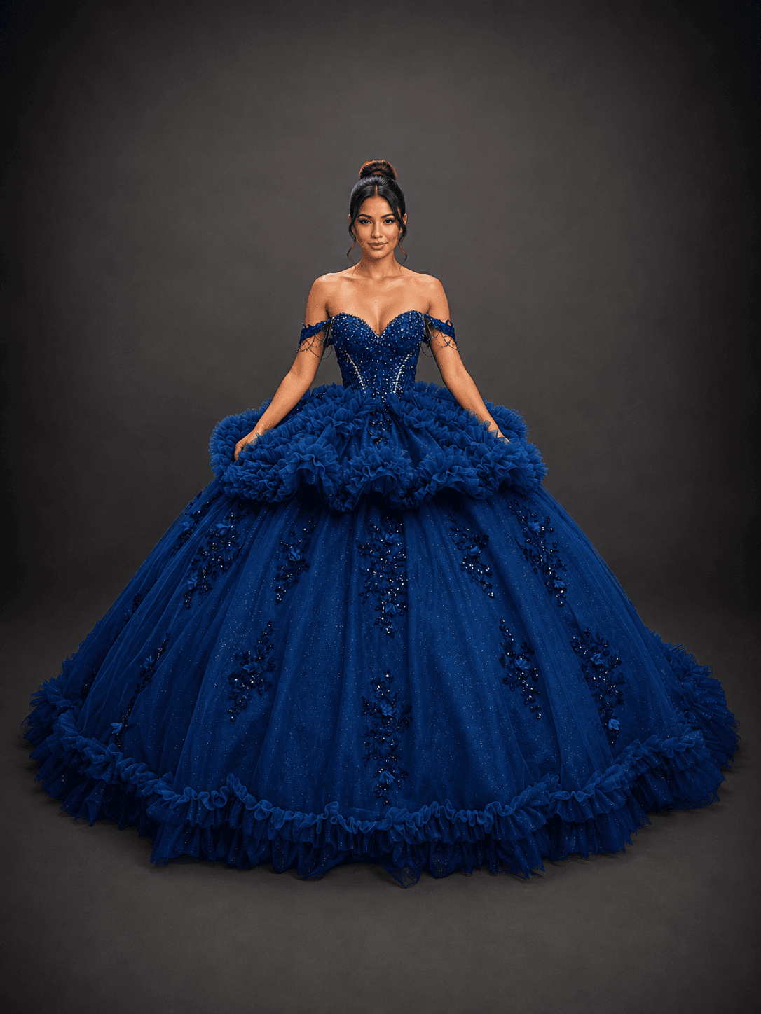 Off-the-Shoulder Two-Piece Quinceanera Dress with Beaded Corset Bodice, Tiered Ruffle Overskirt, Glitter Lace Applique, and Full Ball Gown Skirt - Style 5215 image