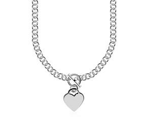 Heart Toggle Charmed Rolo Style Chain Necklace in Rhodium Plated Sterling Silver