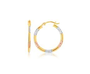 Tri-Color Hoop Earrings with Diamond Cut Accents in 14k Gold(2x15mm) image
