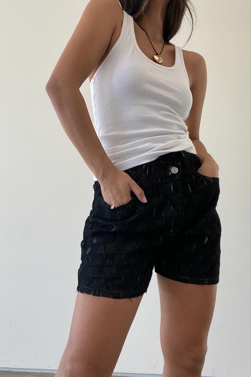 Asymmetrical Distressed Checker Shorts (C1902P-1)