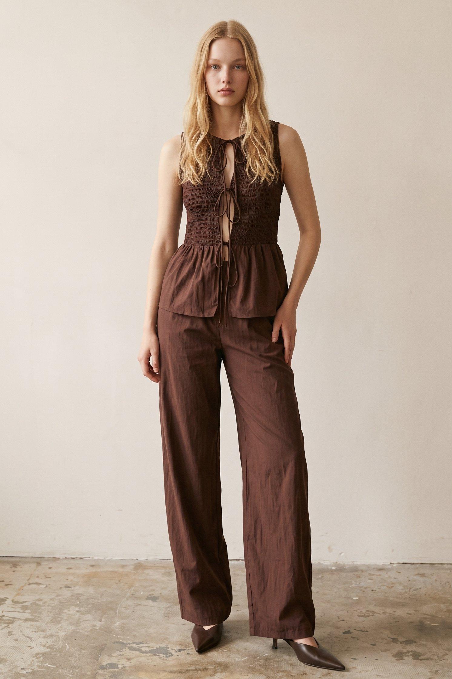 Fitted Wide Leg Sleeveless Two-Piece Set (Shirred Tie Front Top & Pants Set) image