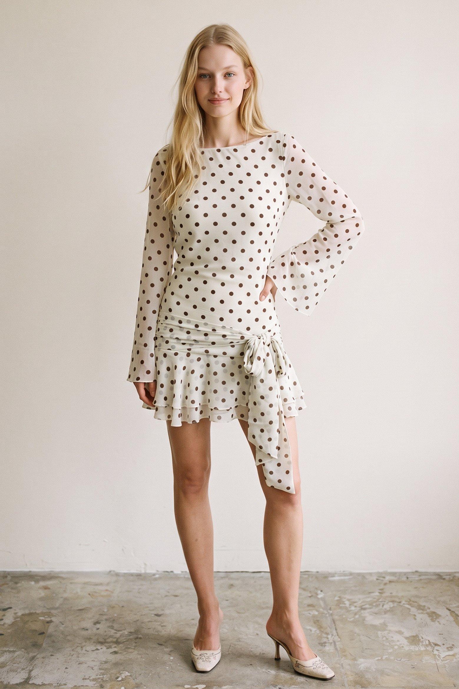 Charming Polka Dot Mini Dress (Long Sleeve Open Cowl Back Mini Dress) image