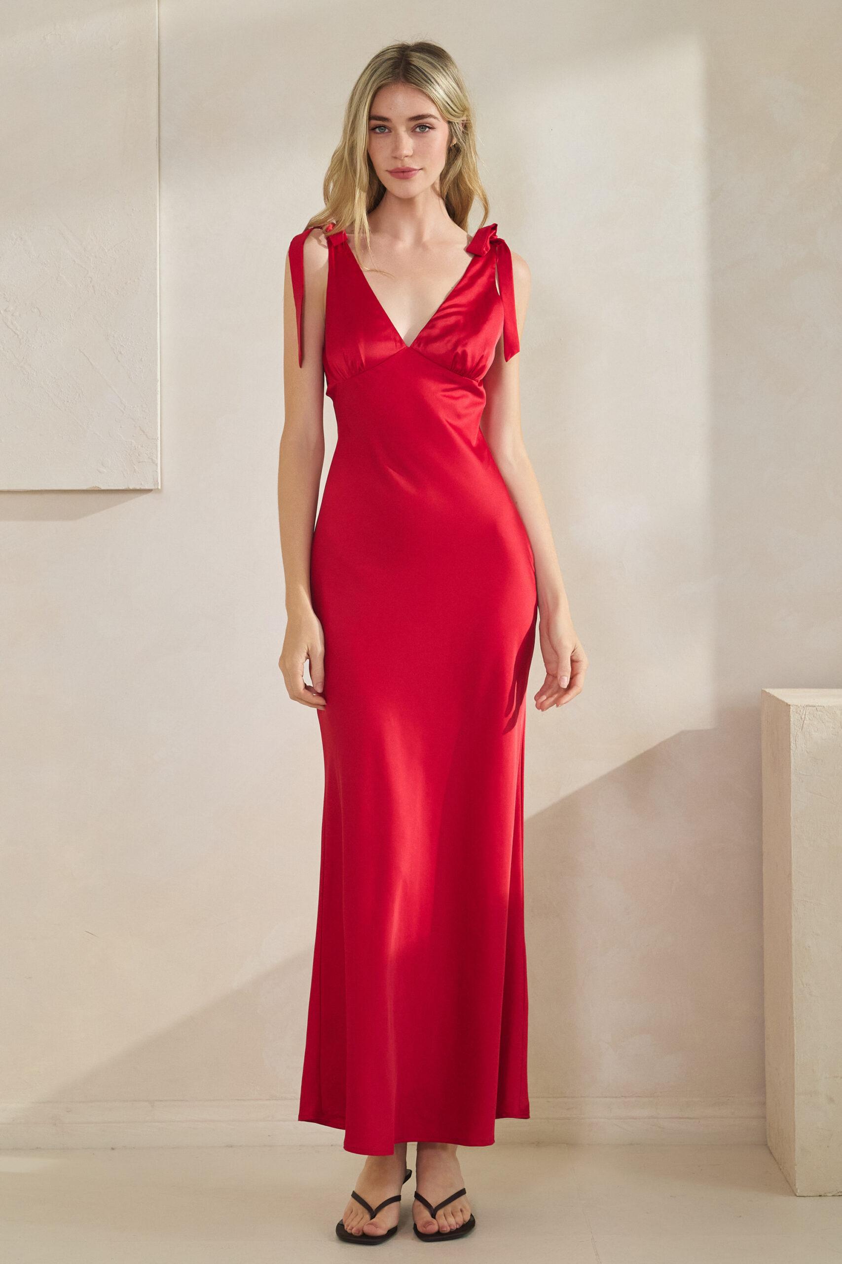 MD2860 - Satin Tie Shoulder Maxi Dress
