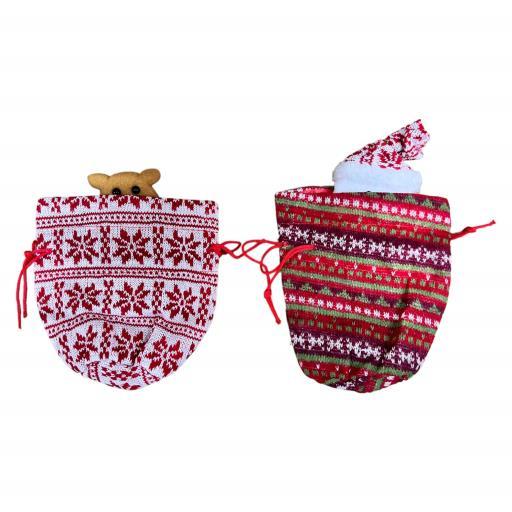 Christmas Gift Bag With Draw String Asst. 3SantaSnow Man Reindeer RedWhiteBrownGreen image