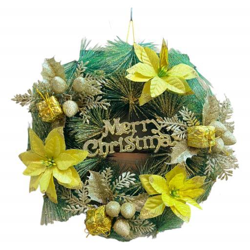 Christmas Wreath Poinsettias With Pine Cones And Bow Green Red Brown image