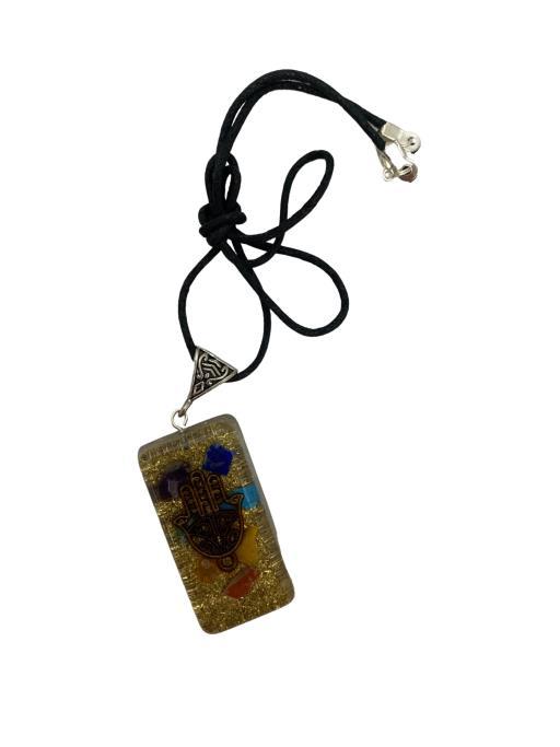 Seven Chakra Copper Dust Orgonite Pendant With Hamsa Hand image