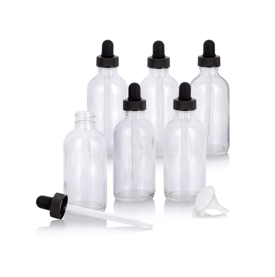 Boston Round 60 ML (2 OZ) Clear Glass Round Bottles with Black Bulb Glass Droppers image
