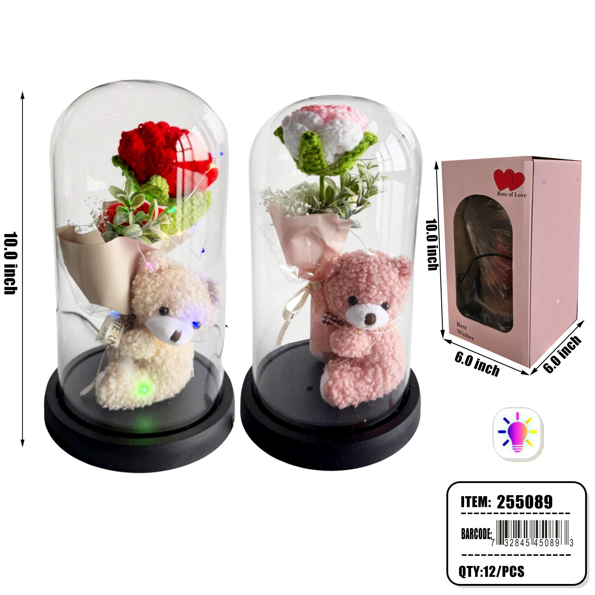 GLASS DOME - 9" LIGHT UP CROCHET ROSE&BEAR MIX COLOR 12PC/CS image