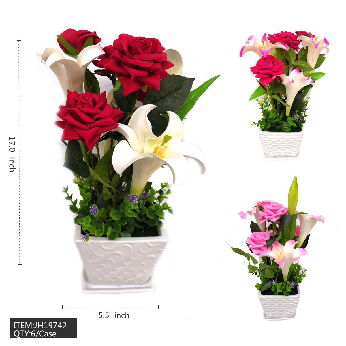 POT FLOWER - 17" ROSE & LILY 3RED, 2HOT PINK, 1PINK 6PC/CS image
