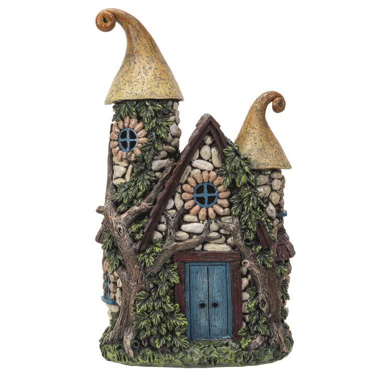 Pacific Giftware Fairy Garden House Decoration Statue with LED Lights Enchanted Stone Cottage with Blue Door and Twin Spires Hand-Painted Polyresin Fantasy Home Decor 10.24" H image