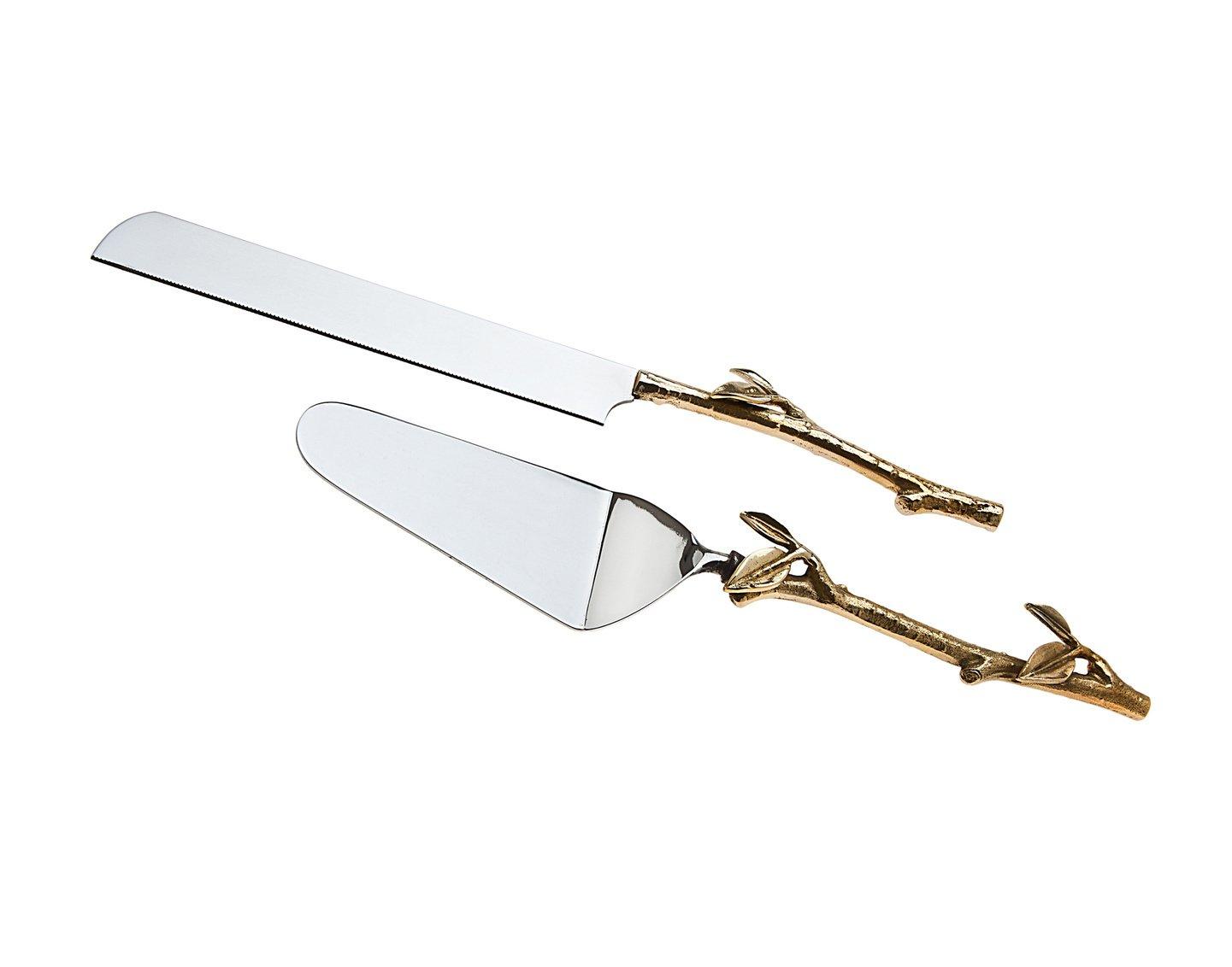 Godinger 2 Piece Gold leaf (twig) Cake Server Set. 1 Cake Knife and 1 Cake Server. Leaf Design 2 Tone Made of Stainless Steel and Brass. Ideal for Weddings, Party's, Elegant events. image