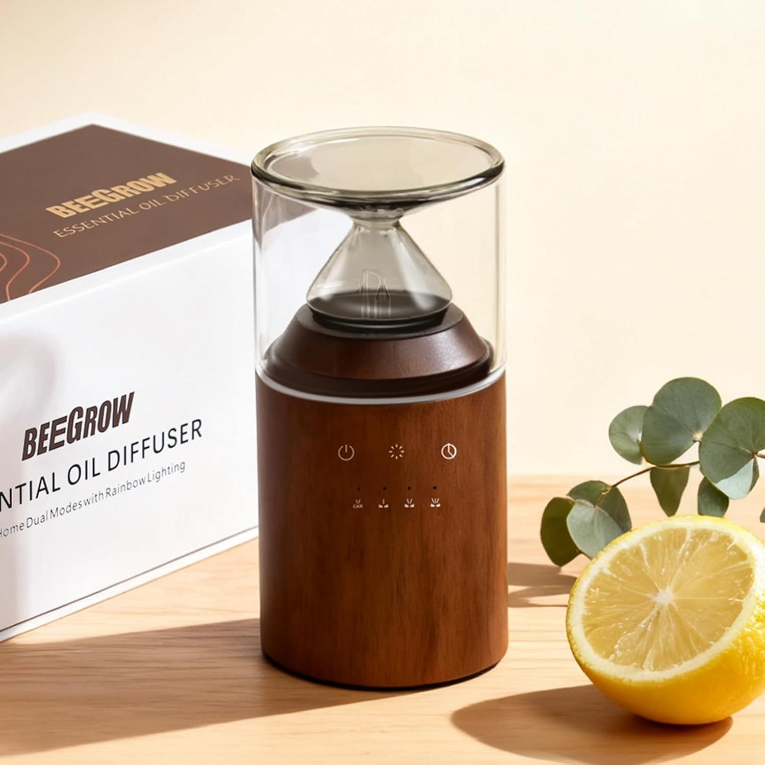 Waterless Nebulizing Essential Oil Diffuser, Real Glass and Solid Wood Portable Rechargeable Aroma Diffuser for Home Office Car, Luxury Gift Set with 10ml Lemon Oil image