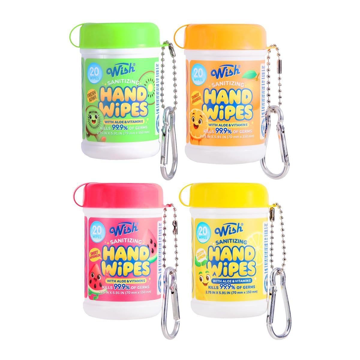 Wish Hand Wipes Keychain 4 Pack, 20 Wipes Each, Travel Size Wet Wipes - Lemon, Watermelon, Orange & Kiwi Scented image