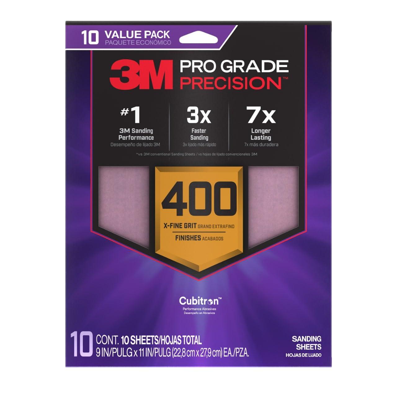 3M Pro Grade Precision Sanding Sheets with No-Slip Grip, 9 x 11 in, 400 Grit, 10-Pack (SHR400-PGP-10T) image