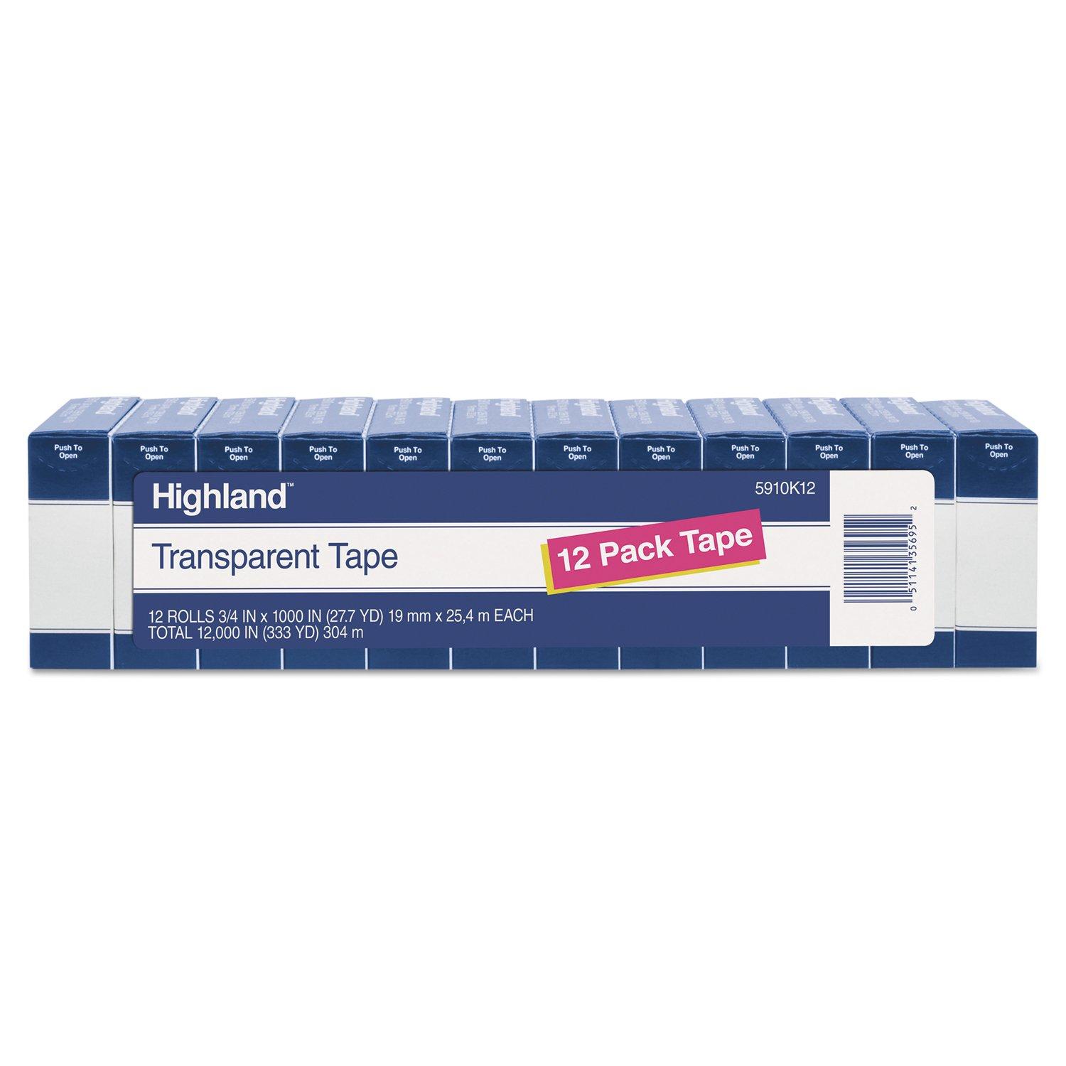 Highland Transparent Tape, 3/4" x 1000", 1" Core, Clear, 12/Pack (5910K12) image