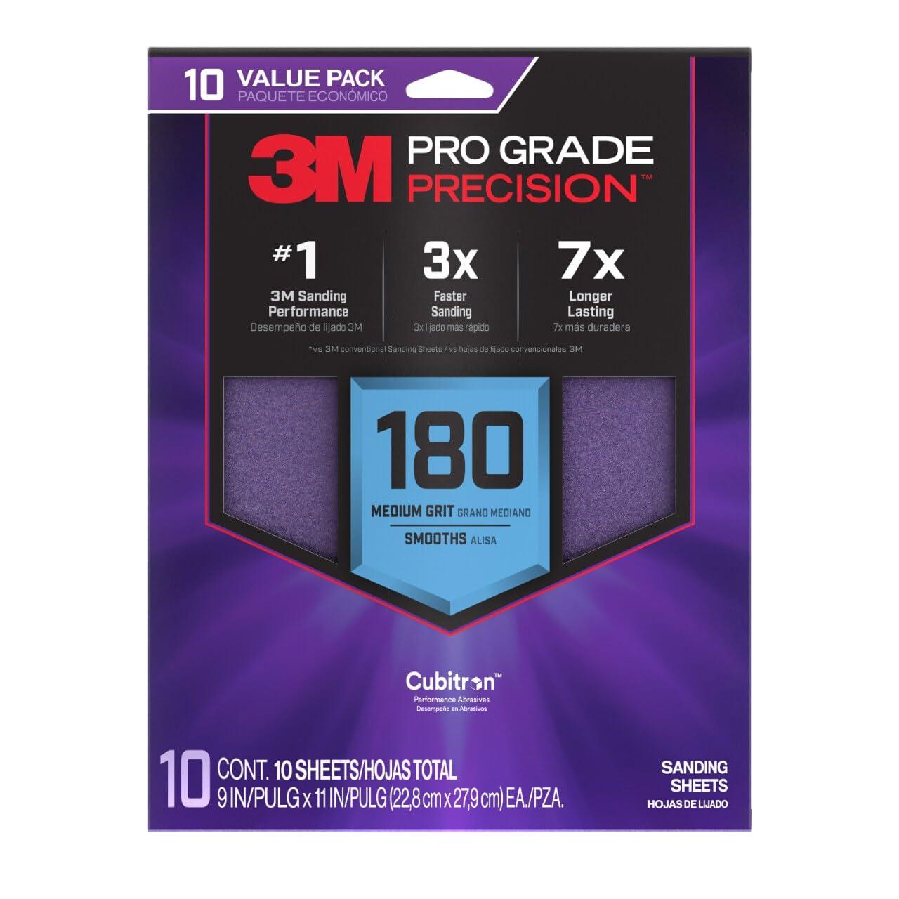 3M Pro Grade Precision Sanding Sheets with No-Slip Grip, 9 x 11 in, 180 Grit, 10-Pack (SHR180-PGP-10T) image