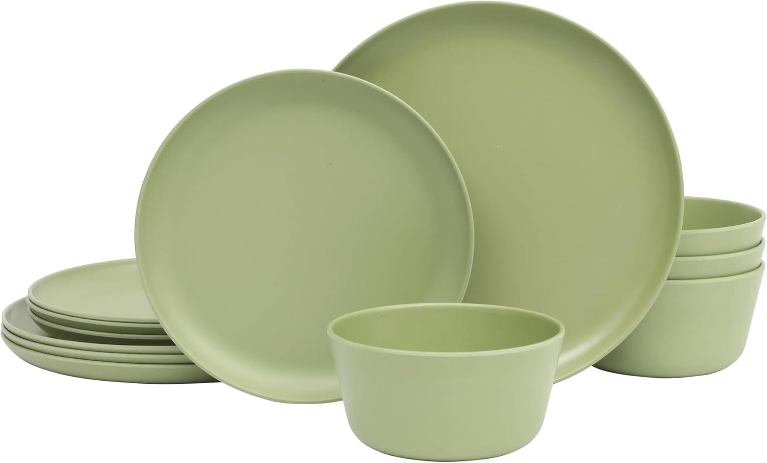 Gibson Home Fairhope 12-Piece Matte Green Melamine Dinnerware Set - Durable Lightweight Plates and Bowls, Kitchen Dining Set
