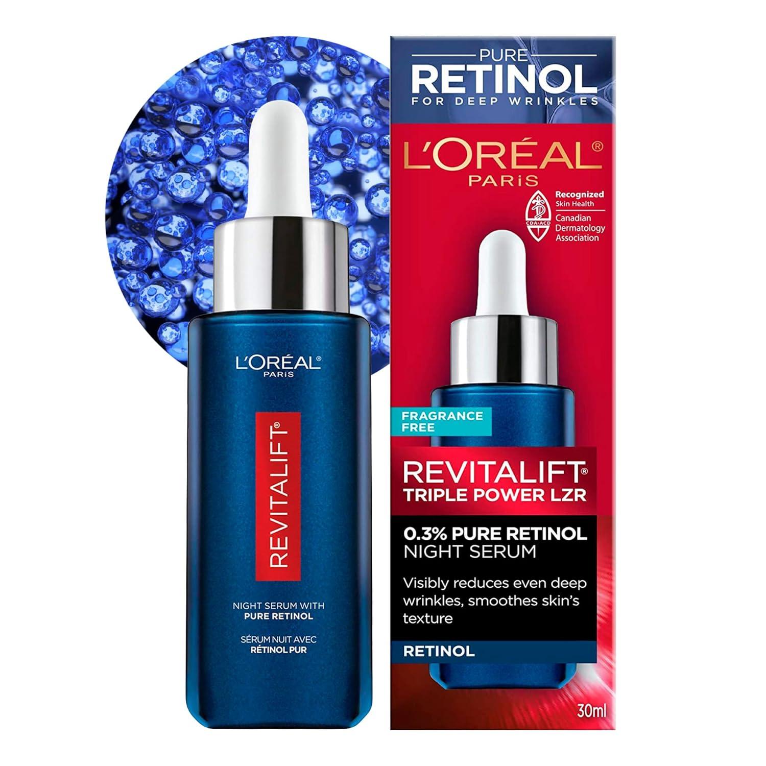 'L'Oreal Paris Revitalift Triple Power LZR Retinol Night Serum For Face, With 0.3% Pure Retinol, Moisturizes Skin and Eliminates Deep Wrinkles, For All Skin Types, 30ml image