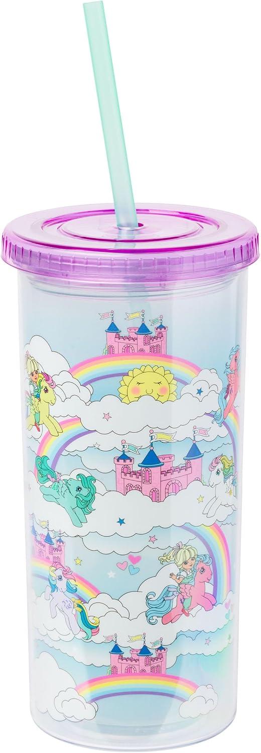 Silver Buffalo My Little Pony Magical Castle Pattern Featuring Fluttershy, Rainbow Dash, and Pinkie Pie, Plastic Tall Cold Cup with Lid and Straw, 20 Ounces image